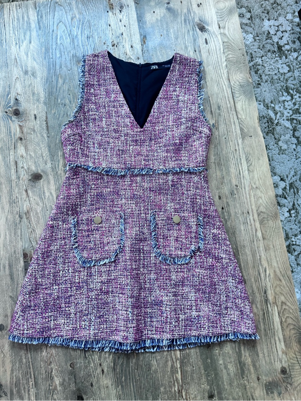Zara Red/Blue/White Tweed A-Line Dress with Fringe Trim at hem.